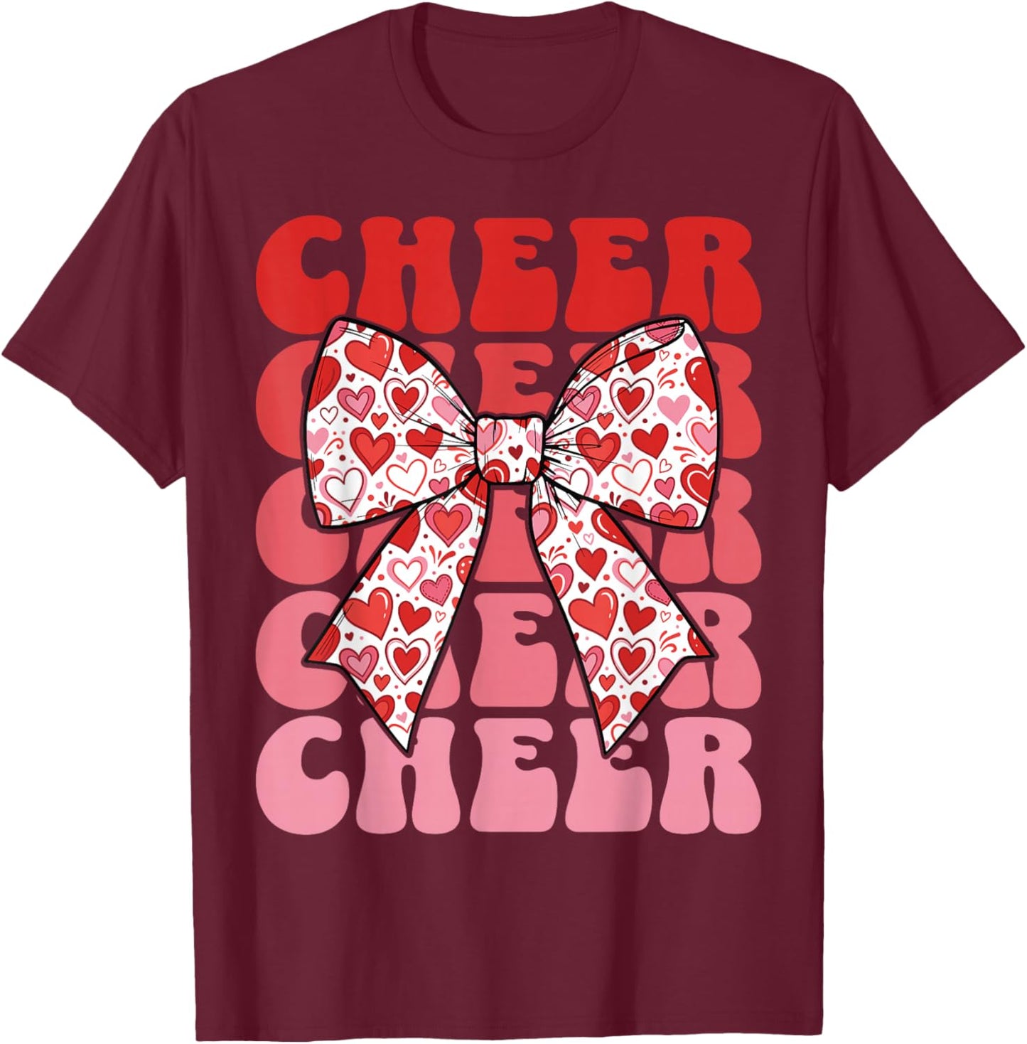Valentines Cheer Mom Coquette Bow Sport Groovy Cheerleader T-Shirt - T-Shirt | Maroon