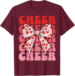 Valentines Cheer Mom Coquette Bow Sport Groovy Cheerleader T-Shirt - T-Shirt | Maroon