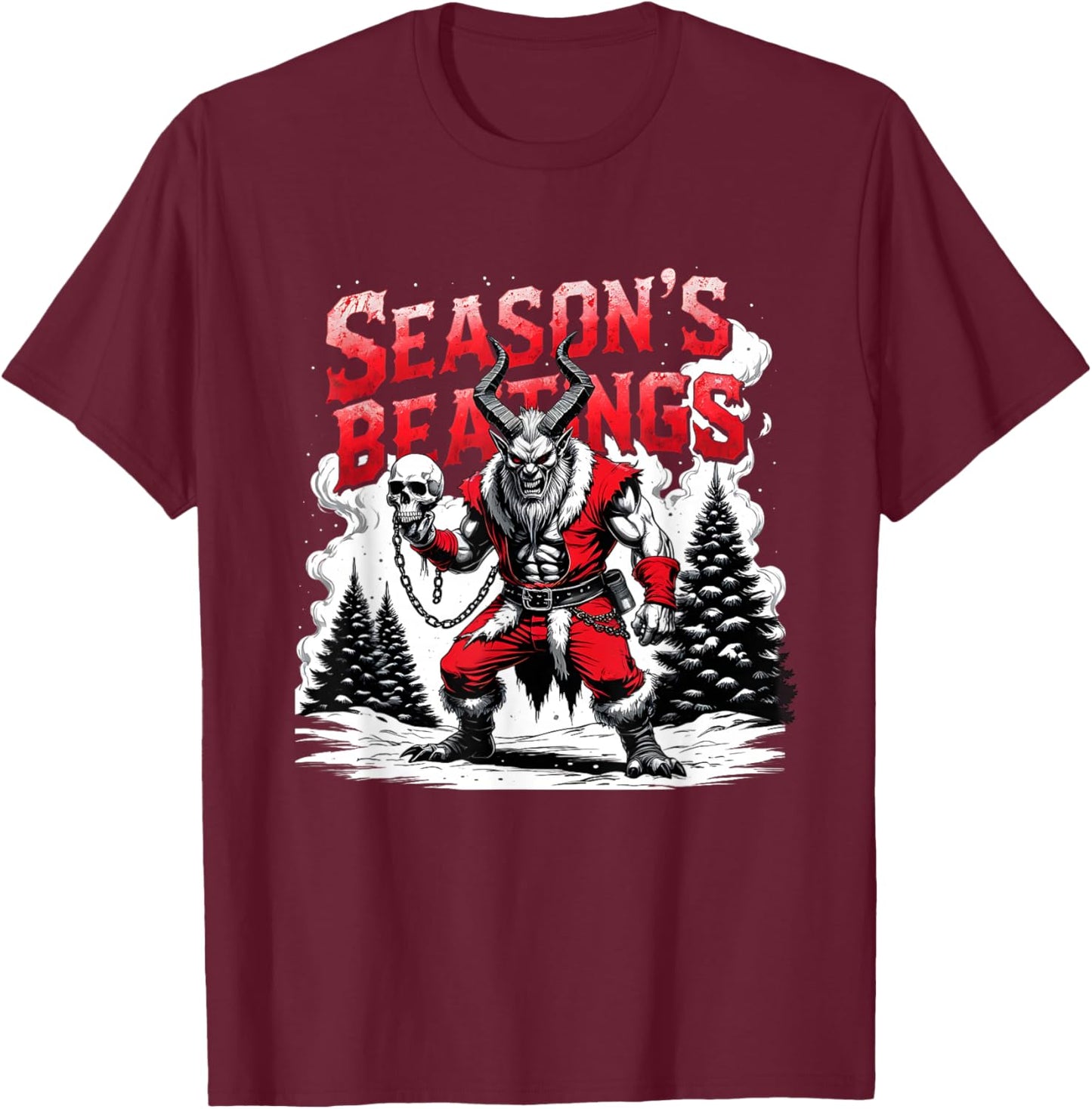 Season’s Beatings Krampus Horror Christmas T-Shirt - T-Shirt | Maroon