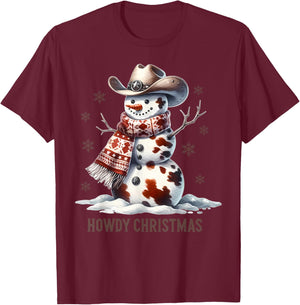 Howdy Christmas Cowhide Snowman Western Country Cowboy Xmas T-Shirt - T-Shirt | Maroon