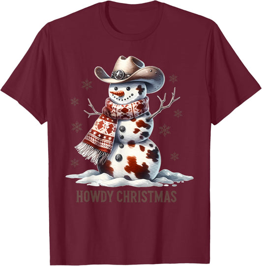 Howdy Christmas Cowhide Snowman Western Country Cowboy Xmas T-Shirt - T-Shirt | Maroon