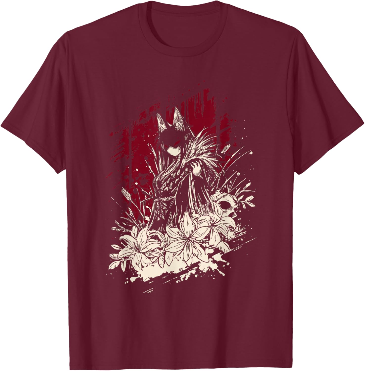 Kitsune Japanese Anime Gothic Girl Horror Aesthetic Art T-Shirt - T-Shirt | Maroon