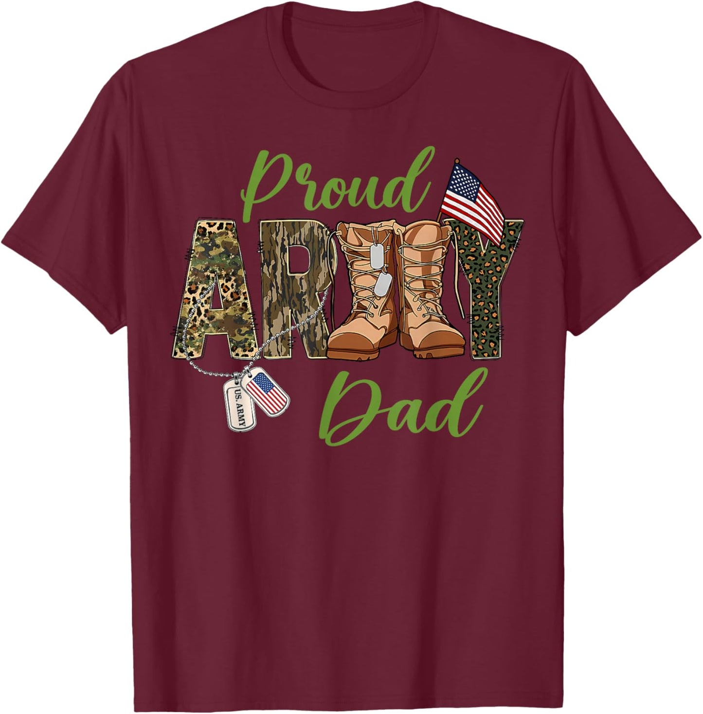 Proud Army Dad US Flag Camo Dog Tags Military Father T-Shirt - T-Shirt | Maroon