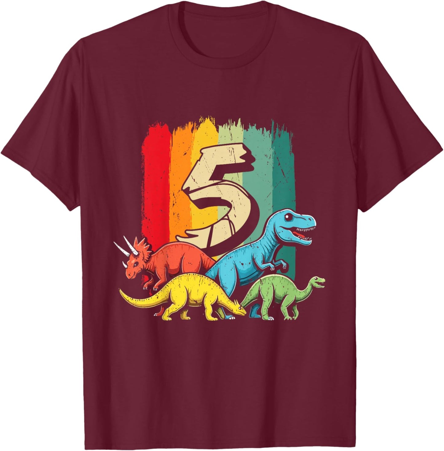5th Birthday TRex Dinosaur 5 Year Old Boy Girl T-Shirt - T-Shirt | Maroon