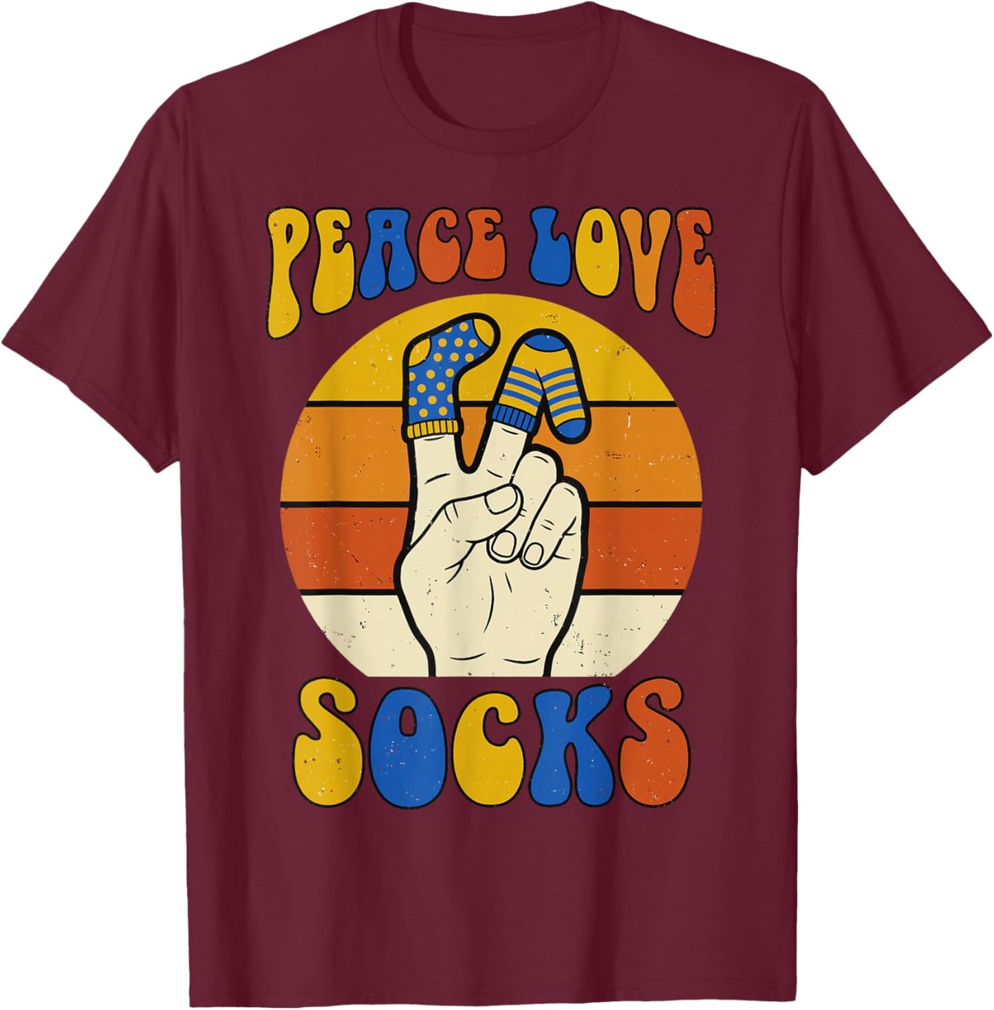 Retro Peace Love Socks Trisomy 21 Awareness T21 Inclusion T-Shirt - T-Shirt | Maroon