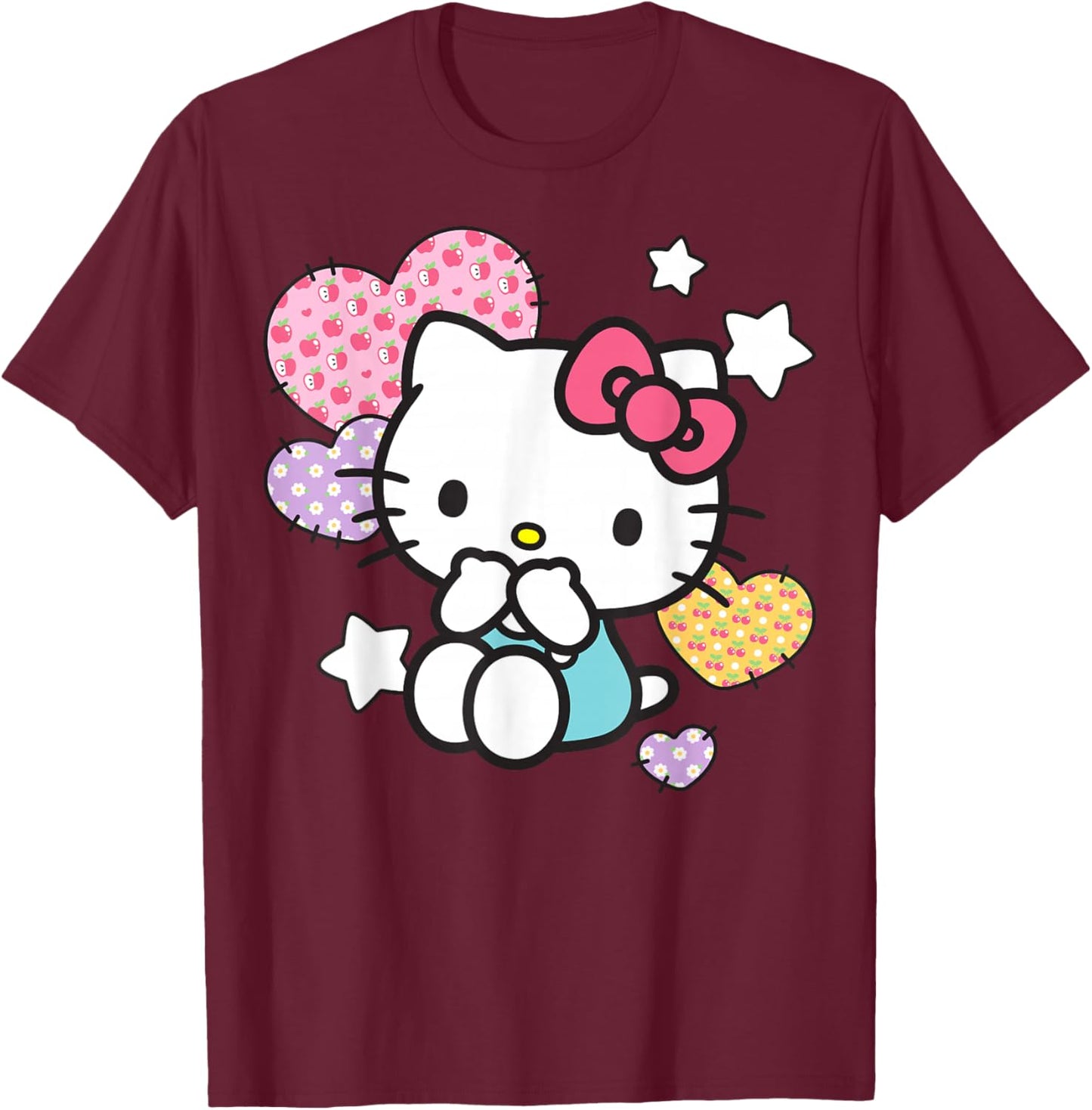 Hello Kitty Stars and Patched Hearts Apples Cherries Daisies T-Shirt - T-Shirt | Maroon