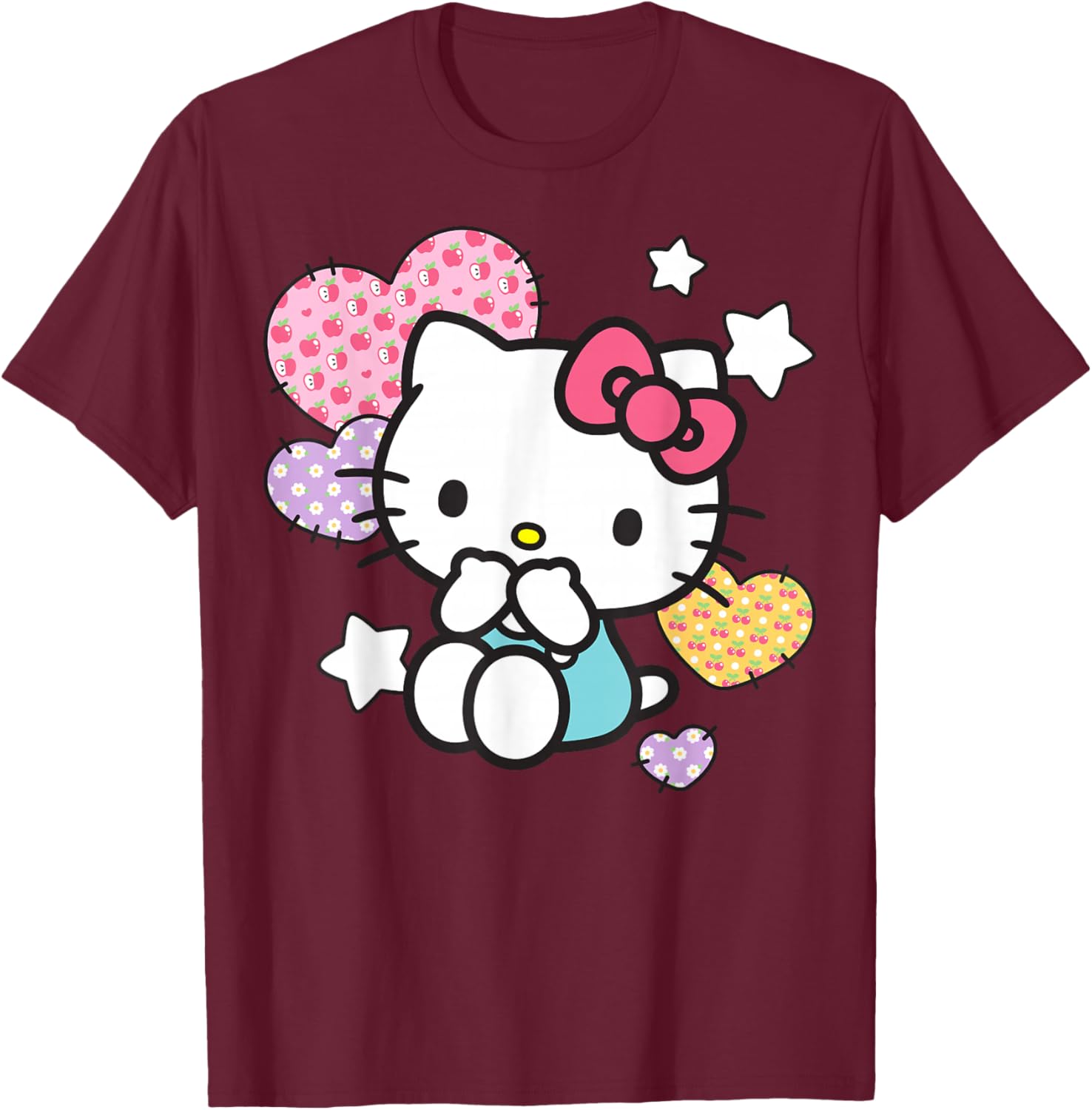 Hello Kitty Stars and Patched Hearts Apples Cherries Daisies T-Shirt - T-Shirt | Maroon