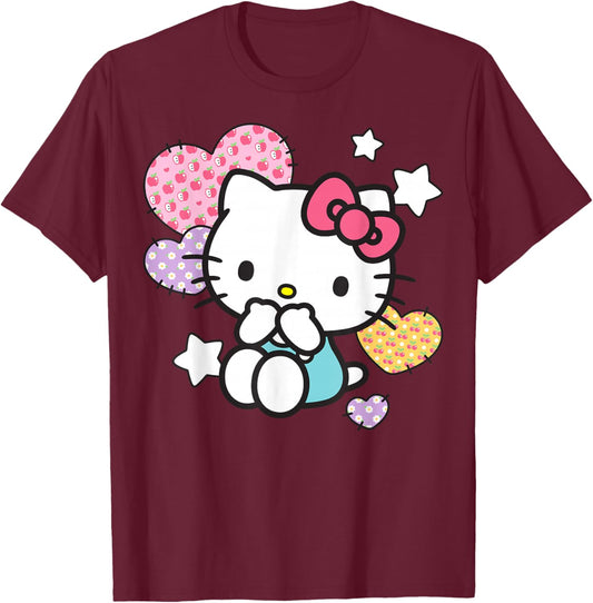Hello Kitty Stars and Patched Hearts Apples Cherries Daisies T-Shirt - T-Shirt | Maroon