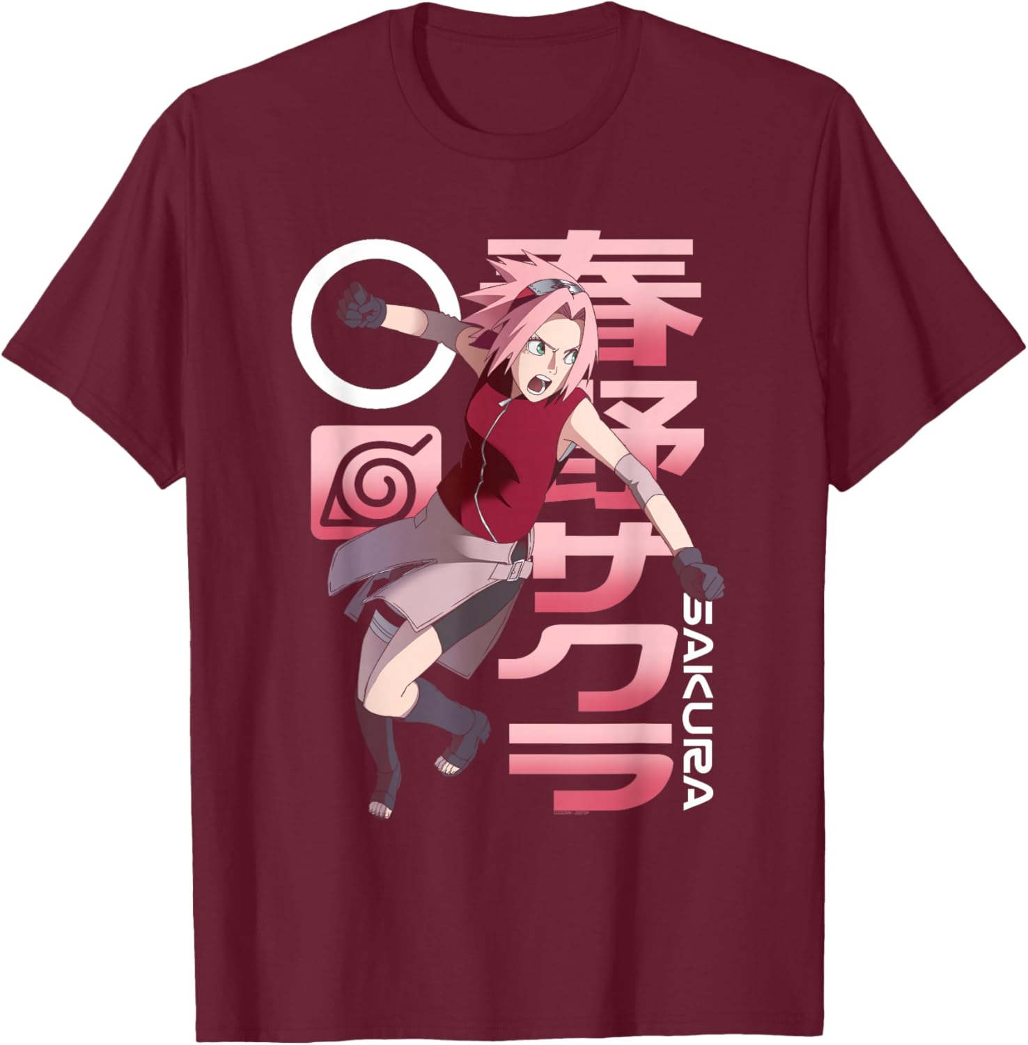 Naruto Shippuden Sakura Pink Kanji Collage Anime T-Shirt - T-Shirt | Maroon