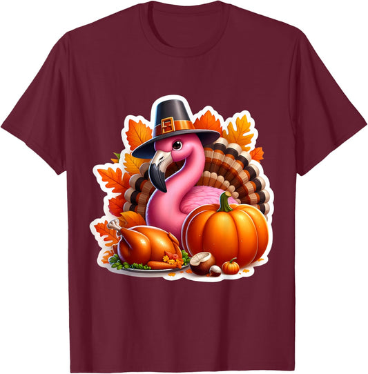 Thanksgiving Flamingo Fall Autumn Cottagecore Pumpkin Cute T-Shirt - T-Shirt | Maroon
