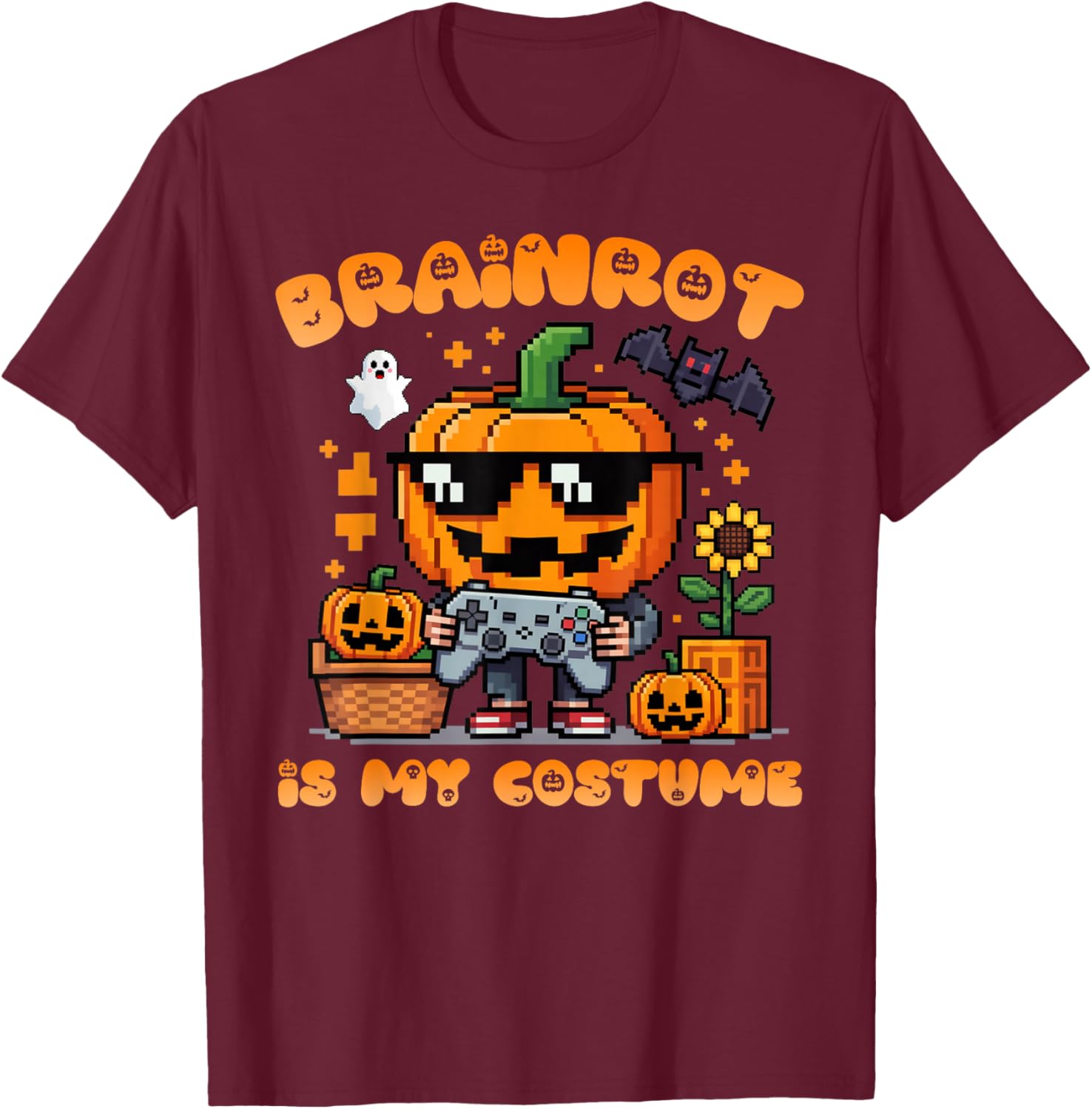 Brain Rot Halloween Shirt Kid Pumpkin Brainrot Gamer Costume T-Shirt - T-Shirt | Maroon