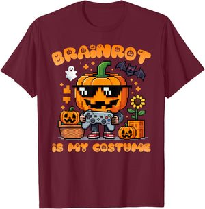 Brain Rot Halloween Shirt Kid Pumpkin Brainrot Gamer Costume T-Shirt - T-Shirt | Maroon