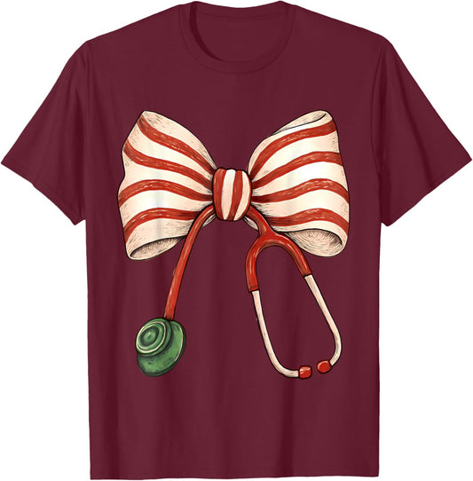 Funny Candy Cane Stethoscope NICU Nurse Crew Squad Group T-Shirt - T-Shirt | Maroon
