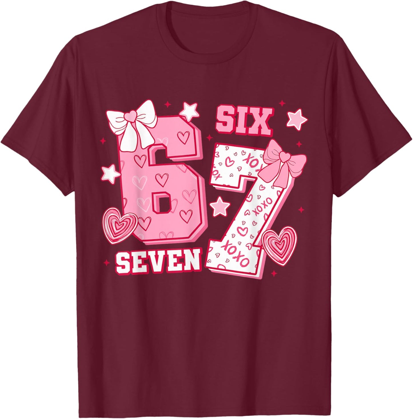 Pink Coquette Bow 67 Six Seven Meme Valentines Day T-Shirt - T-Shirt | Maroon