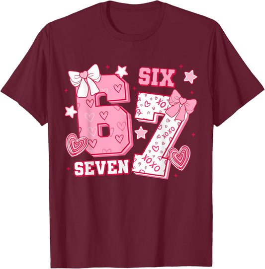 Pink Coquette Bow 67 Six Seven Meme Valentines Day T-Shirt - T-Shirt | Maroon