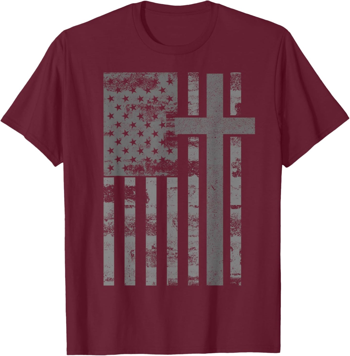 American USA Flag Christian Cross Patriotic Grunge T-Shirt - T-Shirt | Maroon