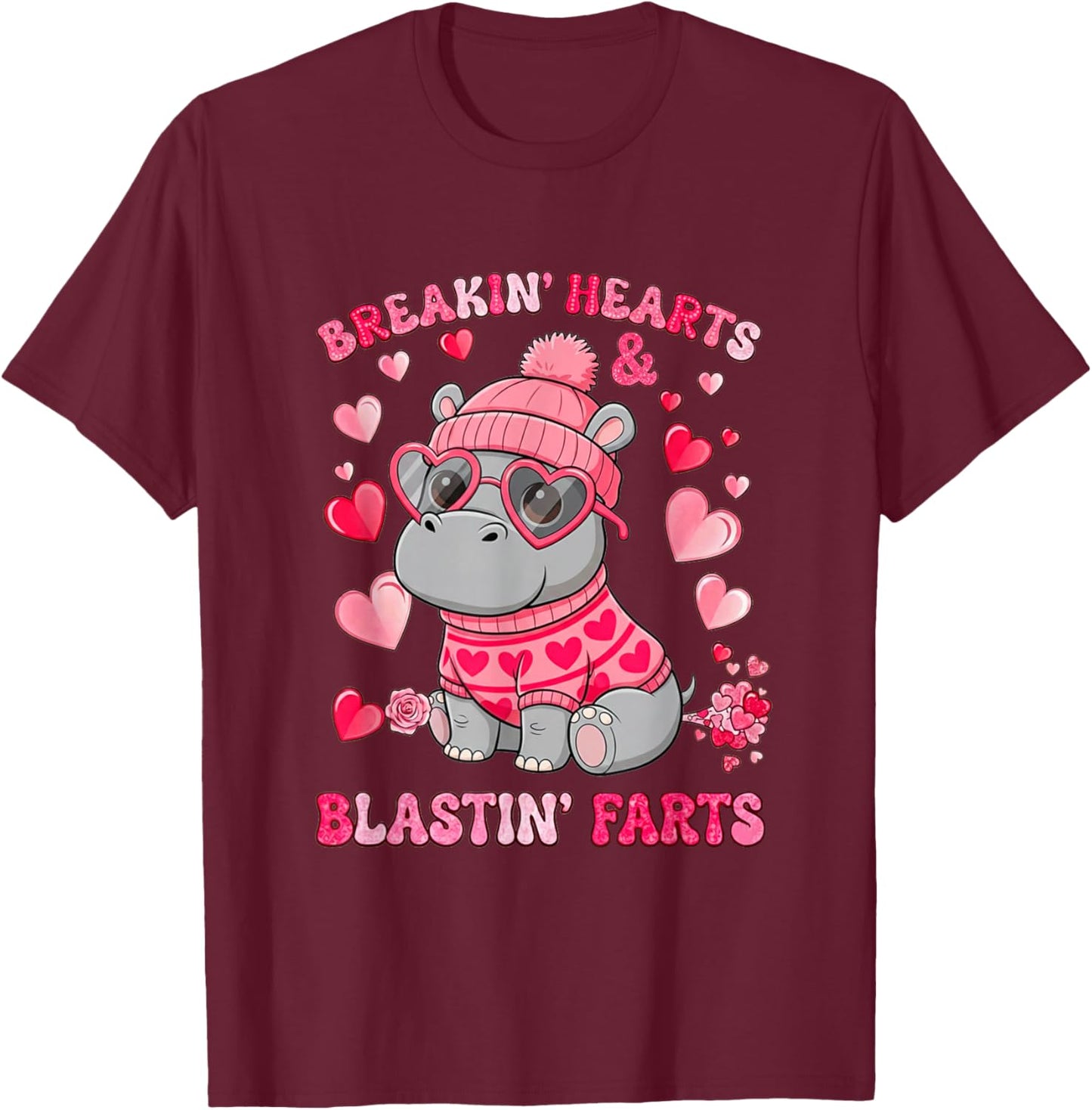 Funny Hippo Breaking Hearts Blasting Farts Valentines Day T-Shirt - T-Shirt | Maroon