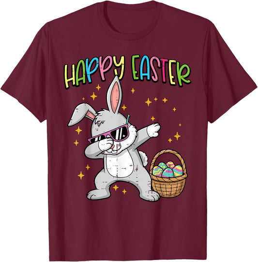 Happy Easter Dabbing Bunny Egg Basket Boys Kids Men Women T-Shirt - T-Shirt | Maroon