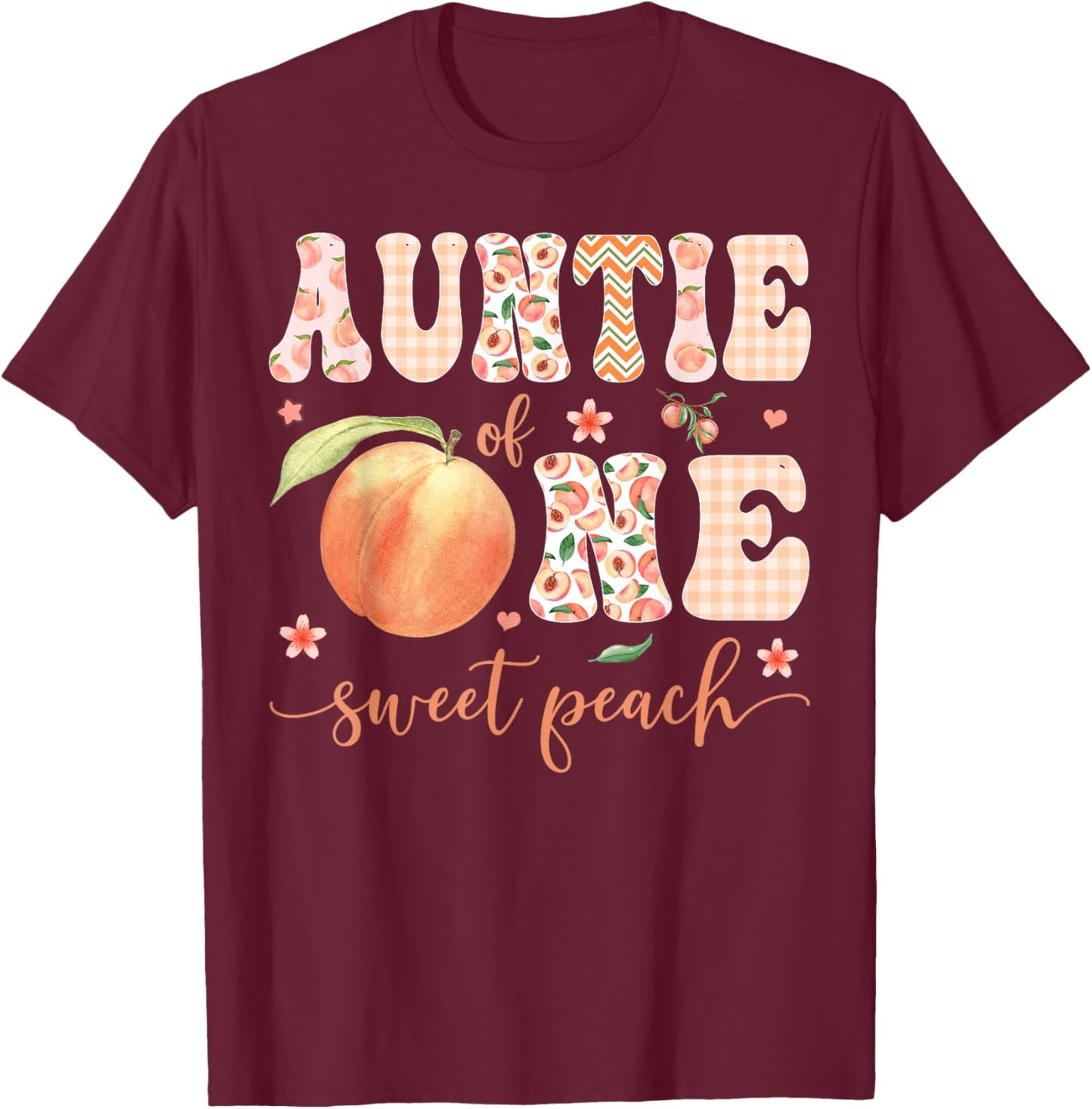 Auntie of One Sweet Peach 1st Birthday Girl Party T-Shirt - T-Shirt | Maroon