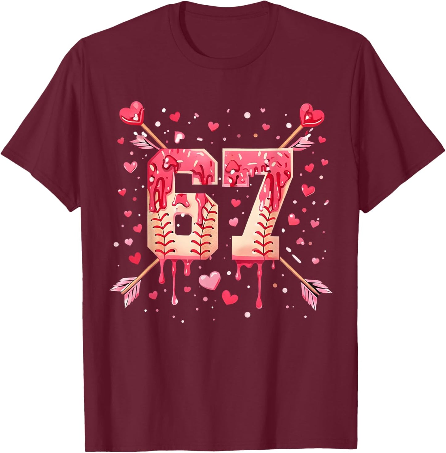 Funny 6 7 Melting Number Arrow Baseball Drip Valentine's Day T-Shirt - T-Shirt | Maroon