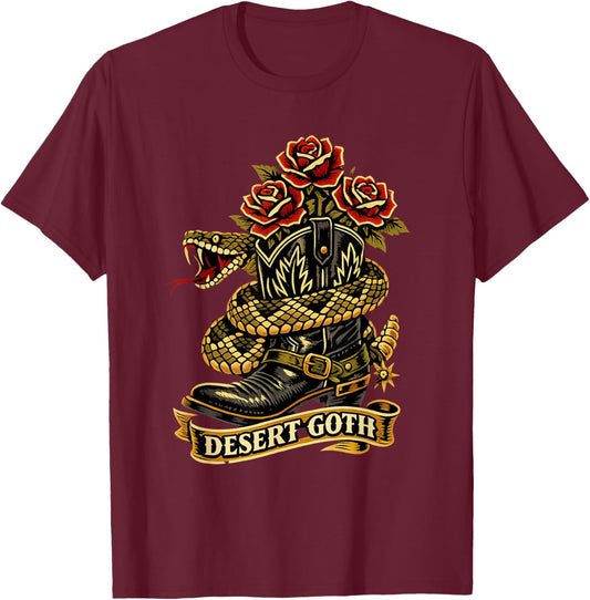 Desert Goth Traditional Tattoo Flash Boot Rattlesnake Roses T-Shirt - T-Shirt | Maroon
