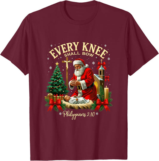 Santa Christmas Nativity Scene Xmas Every Knee Shall Bow T-Shirt - T-Shirt | Maroon