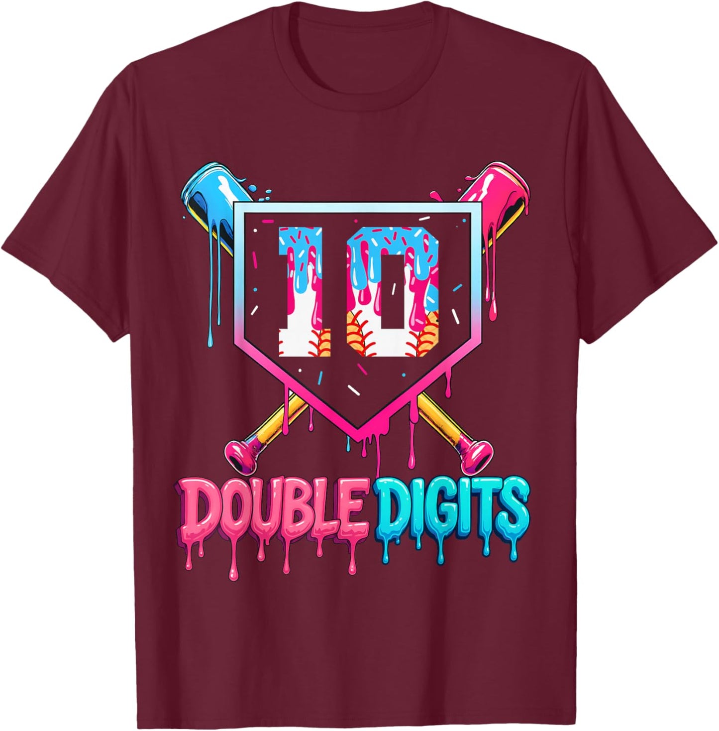 Baseball Drip 10th Birthday Boy Double Digits Ice Cream Drip T-Shirt - T-Shirt | Maroon
