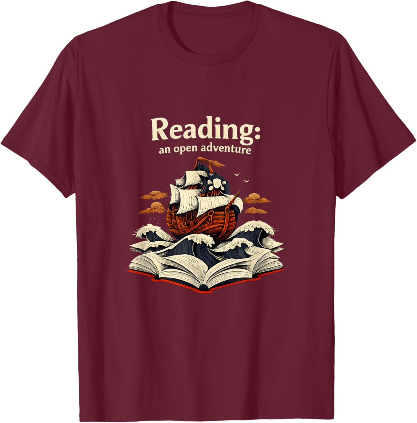 Reading an Open Adventure Pirate Ship Book Lover Art T-Shirt - T-Shirt | Maroon