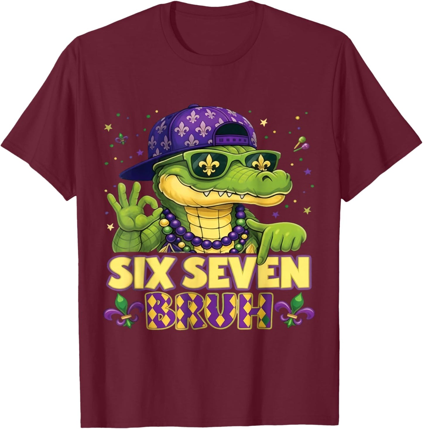 Mardi Gras Six Seven Bruh Mardigator Alligator 6 7 Meme Boys T-Shirt - T-Shirt | Maroon