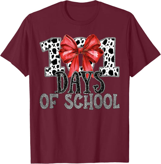 100 Days of School Coquette Bow Dalmatian Dog Teachers Kids T-Shirt - T-Shirt | Maroon