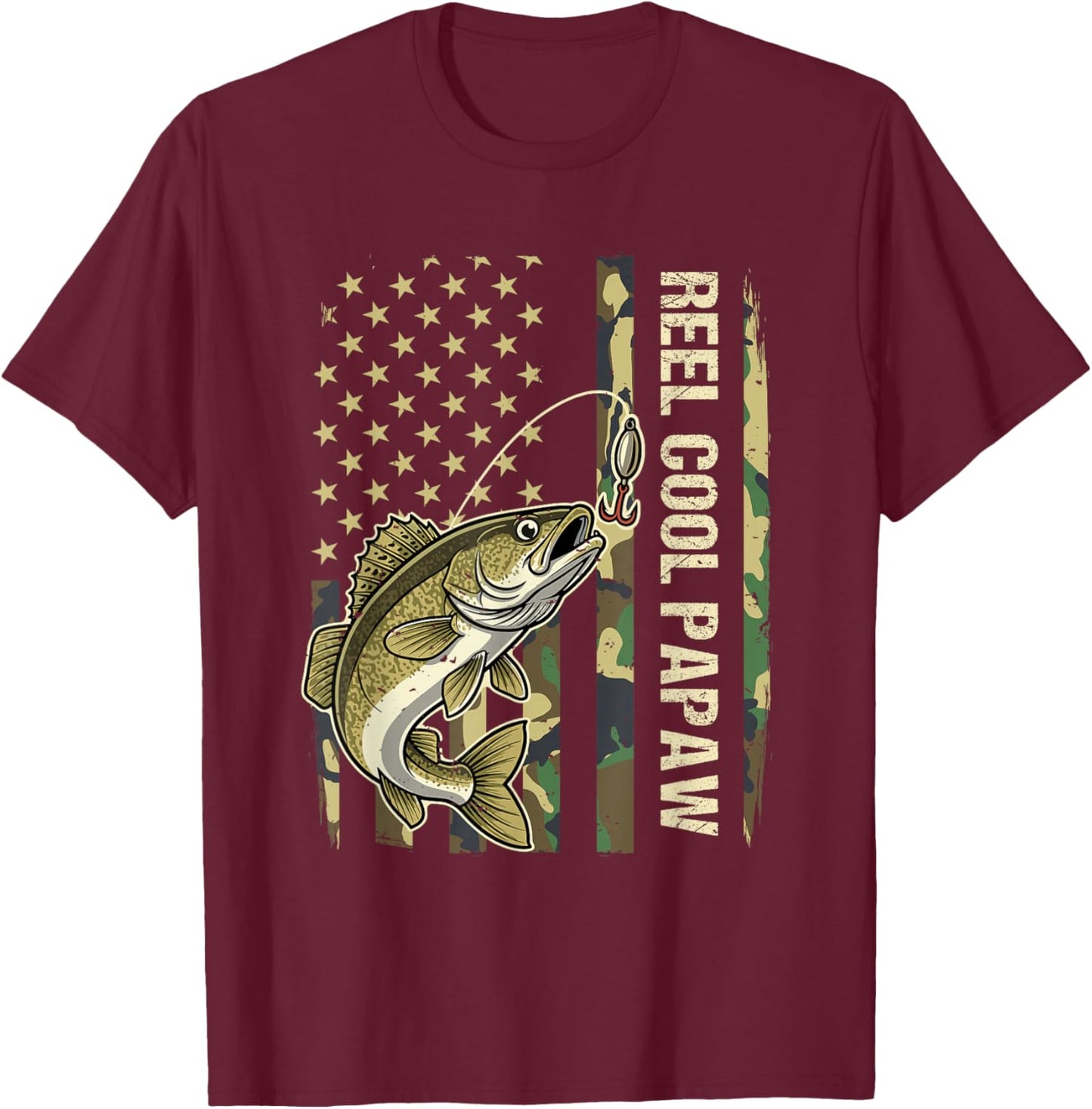 Reel Cool Papaw Walleye Fishing Camo American Flag Fisherman T-Shirt - T-Shirt | Maroon