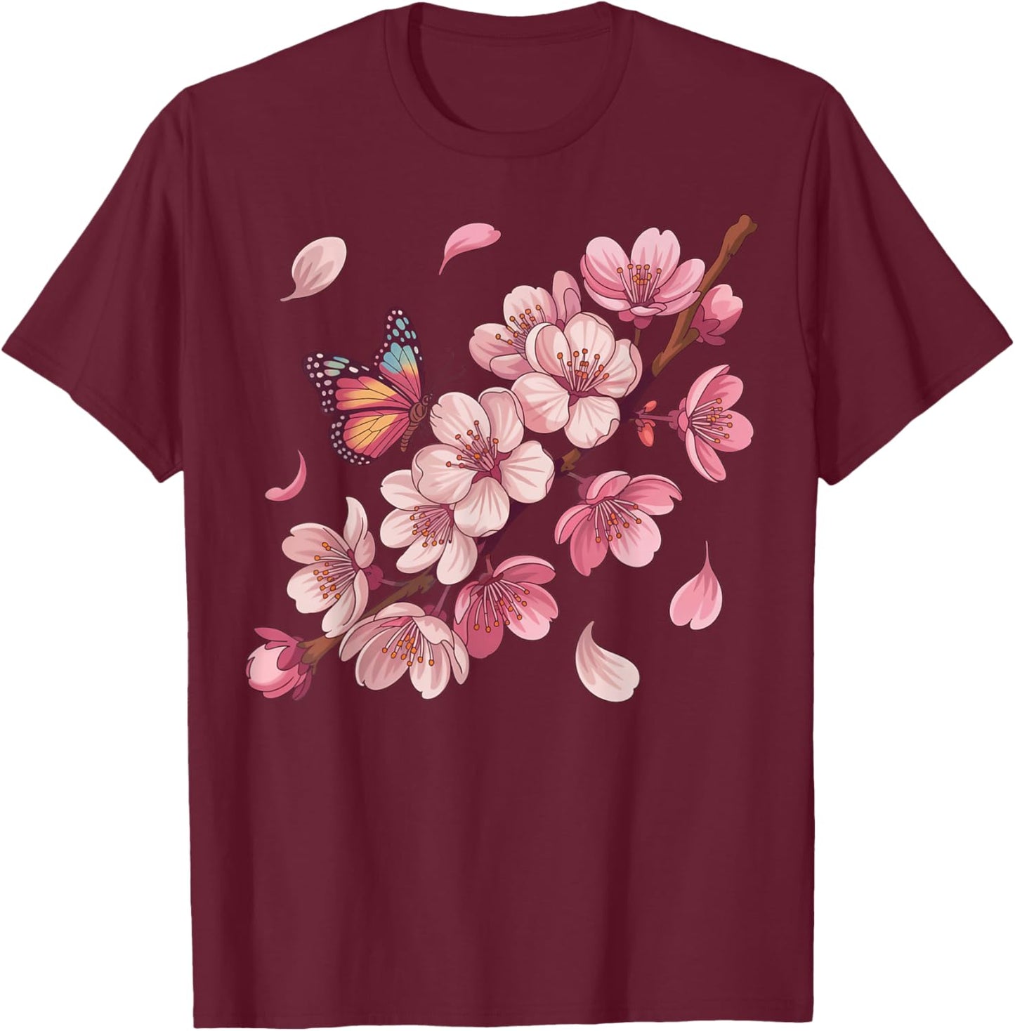 Sakura Blossom and Butterfly Japanese Art and Cherry Blossom T-Shirt - T-Shirt | Maroon
