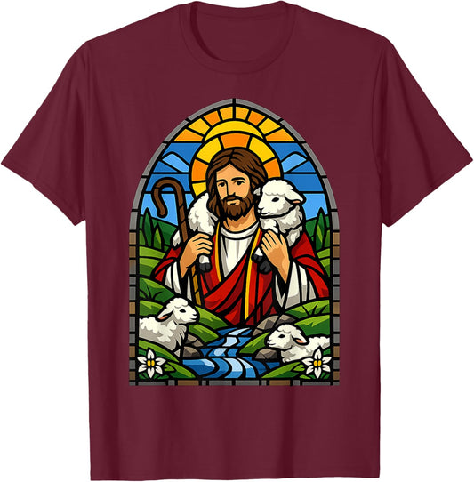 Stained Glass Jesus Shepherd with Lambs Christian Art Design T-Shirt - T-Shirt | Maroon
