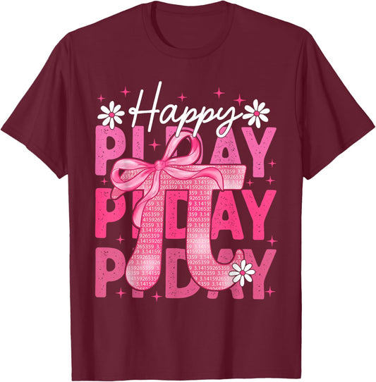 Happy Pi Day Coquette Bow Pink Pi Symbol Girl Kid Teacher T-Shirt - T-Shirt | Maroon