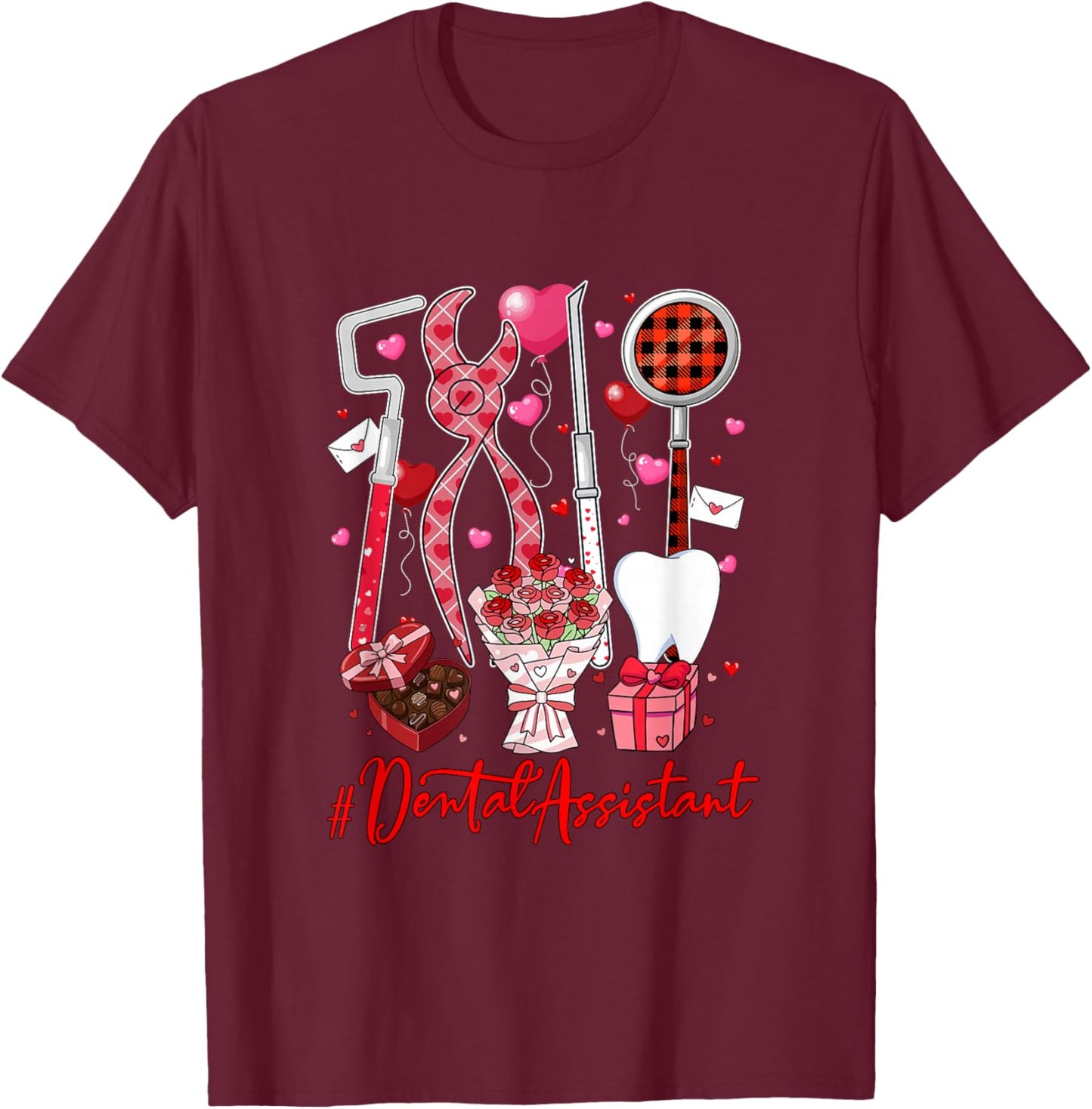 Dental Assistant Tools Hearts Flowers Valentine's Day Single T-Shirt - T-Shirt | Maroon