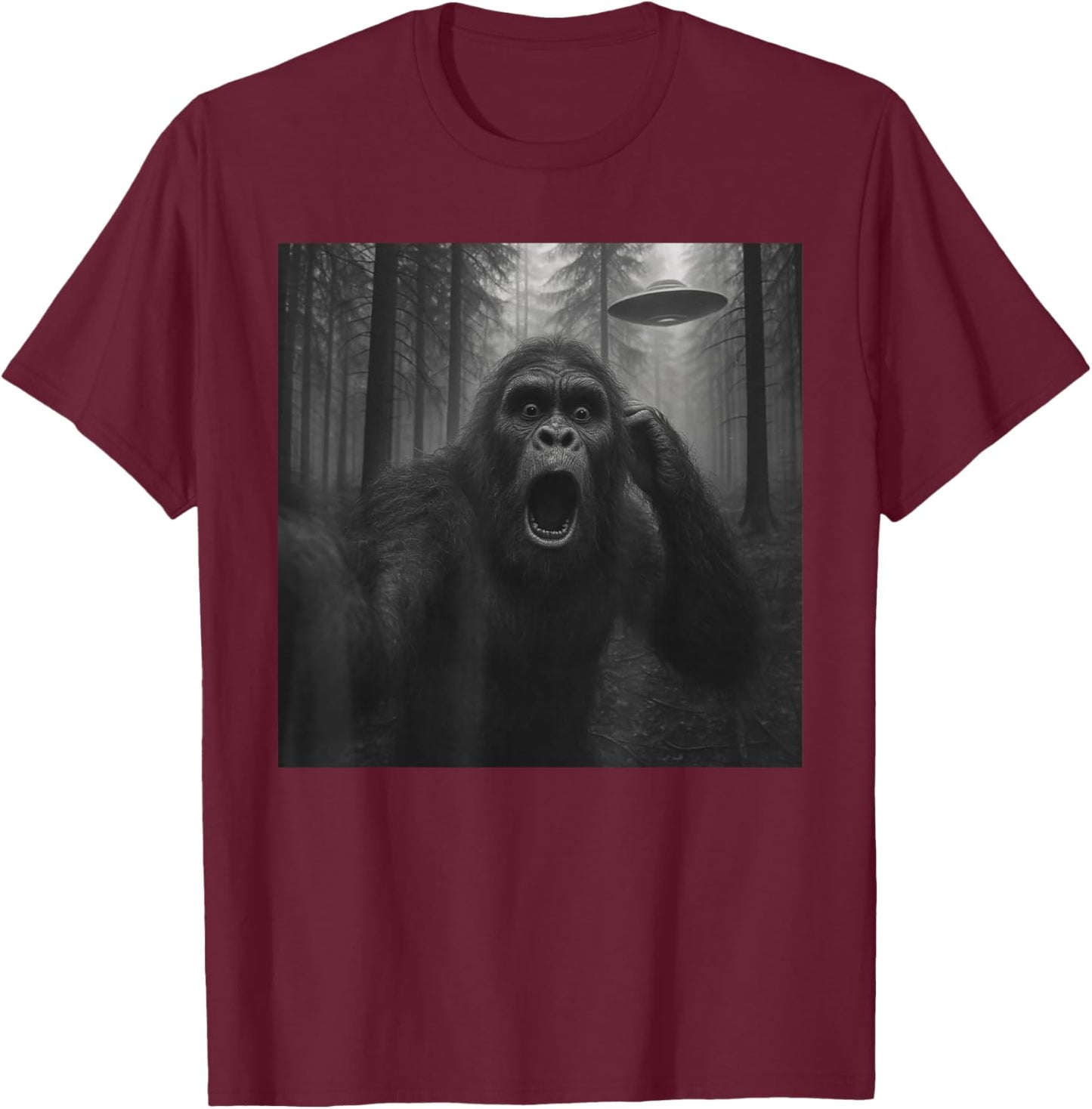 Bigfoot Alien UFO Selfie Funny Sasquatch Meme Men Women Kids T-Shirt - T-Shirt | Maroon