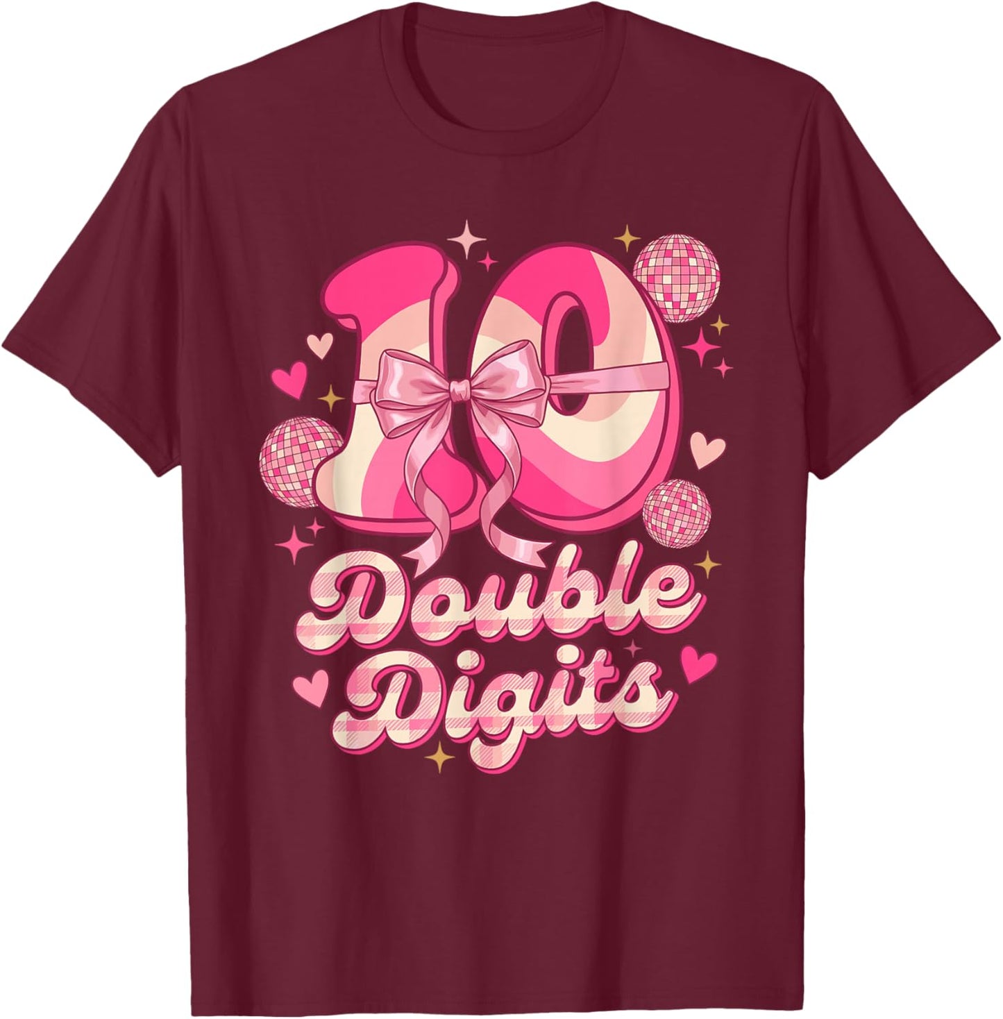 Double Digits Birthday Girl 10th Birthday Coquette Bow T-Shirt - T-Shirt | Maroon