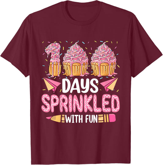 100 Days Sprinkled with Fun Cupcake 100th Day of School Girl T-Shirt - T-Shirt | Maroon