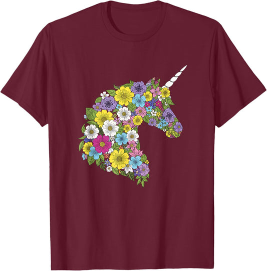 Floral Unicorn Silhouette for Girls Nature Outdoors Magical T-Shirt - T-Shirt | Maroon