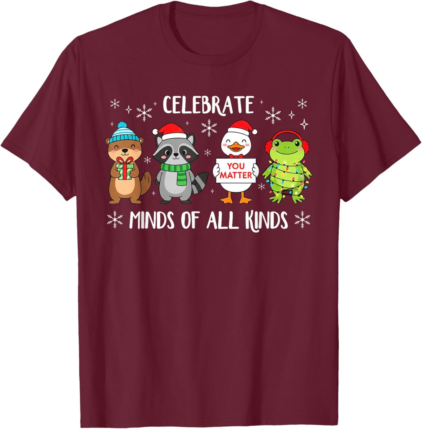 Celebrate Minds of All Kinds Christmas Autism Awareness T-Shirt - T-Shirt | Maroon