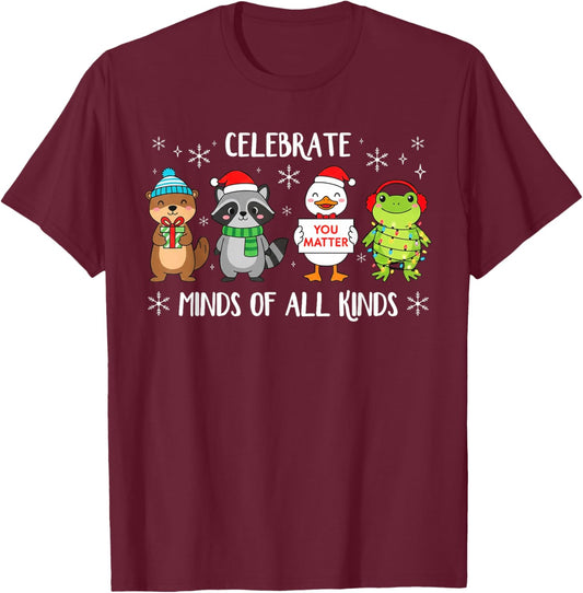 Celebrate Minds of All Kinds Christmas Autism Awareness T-Shirt - T-Shirt | Maroon