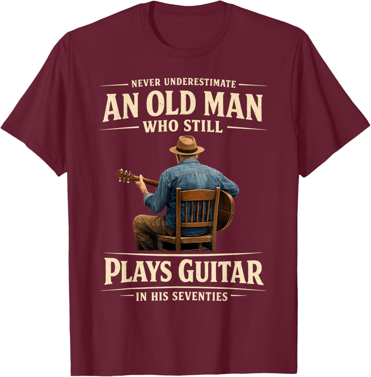 70th Birthday Acoustic Guitar Player Vintage Seventies T-Shirt - T-Shirt | Maroon