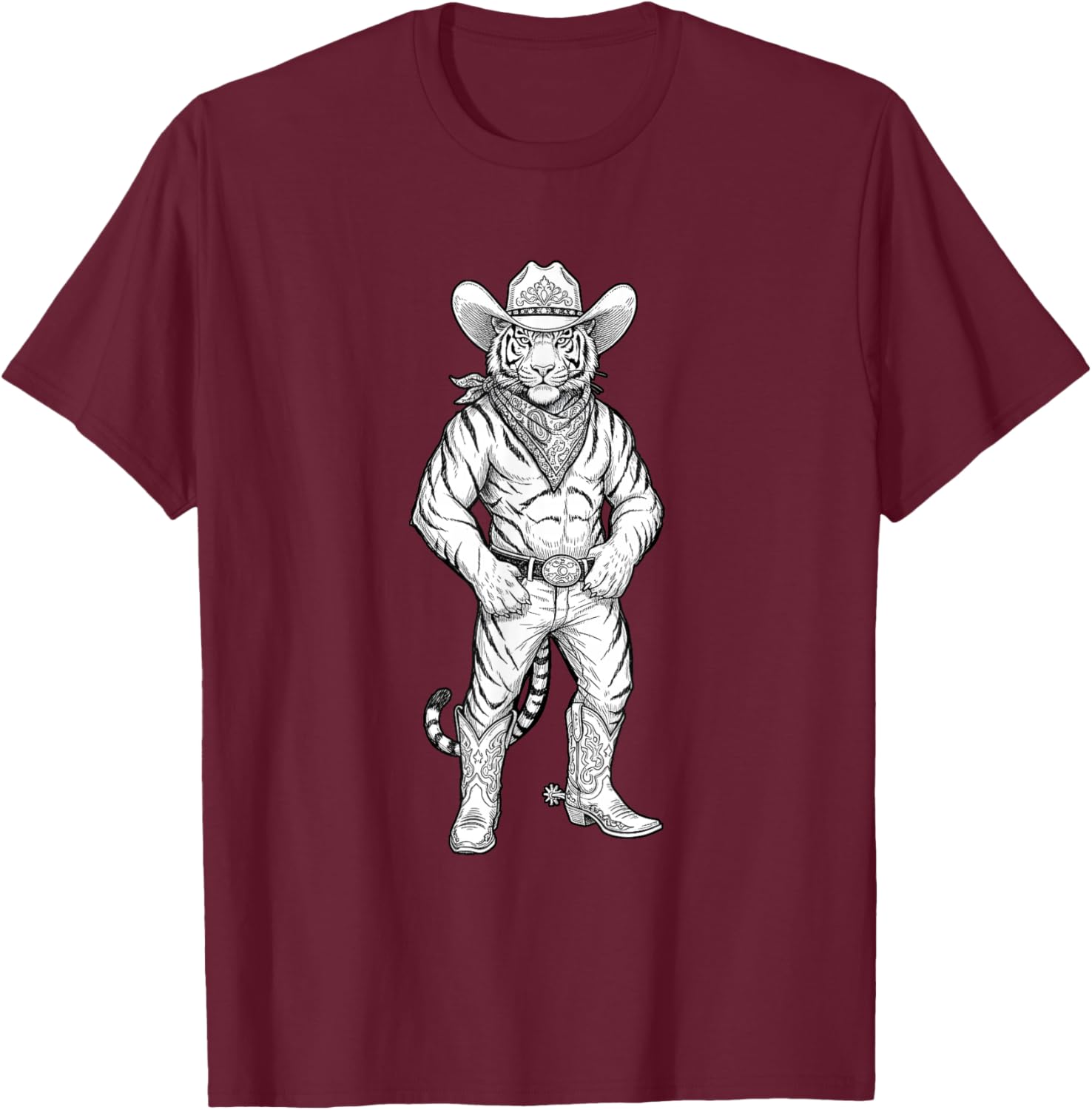 Howdy Tiger Cowboy Western Country Vintage Sketch Art T-Shirt - T-Shirt | Maroon