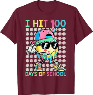 I Hit 100 Days of School Baseball Drip 100th Day of School T-Shirt - T-Shirt | Maroon