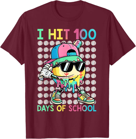 I Hit 100 Days of School Baseball Drip 100th Day of School T-Shirt - T-Shirt | Maroon