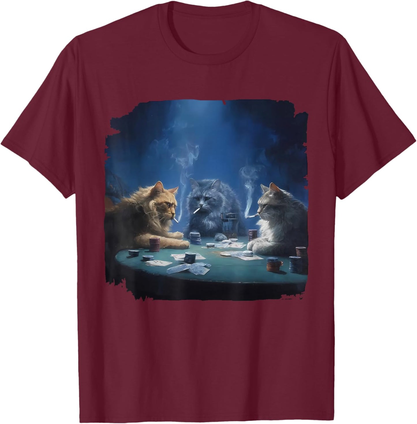 Funny Cats Smoking Playing Poker Gambling Pot Cards Meme T-Shirt - T-Shirt | Maroon