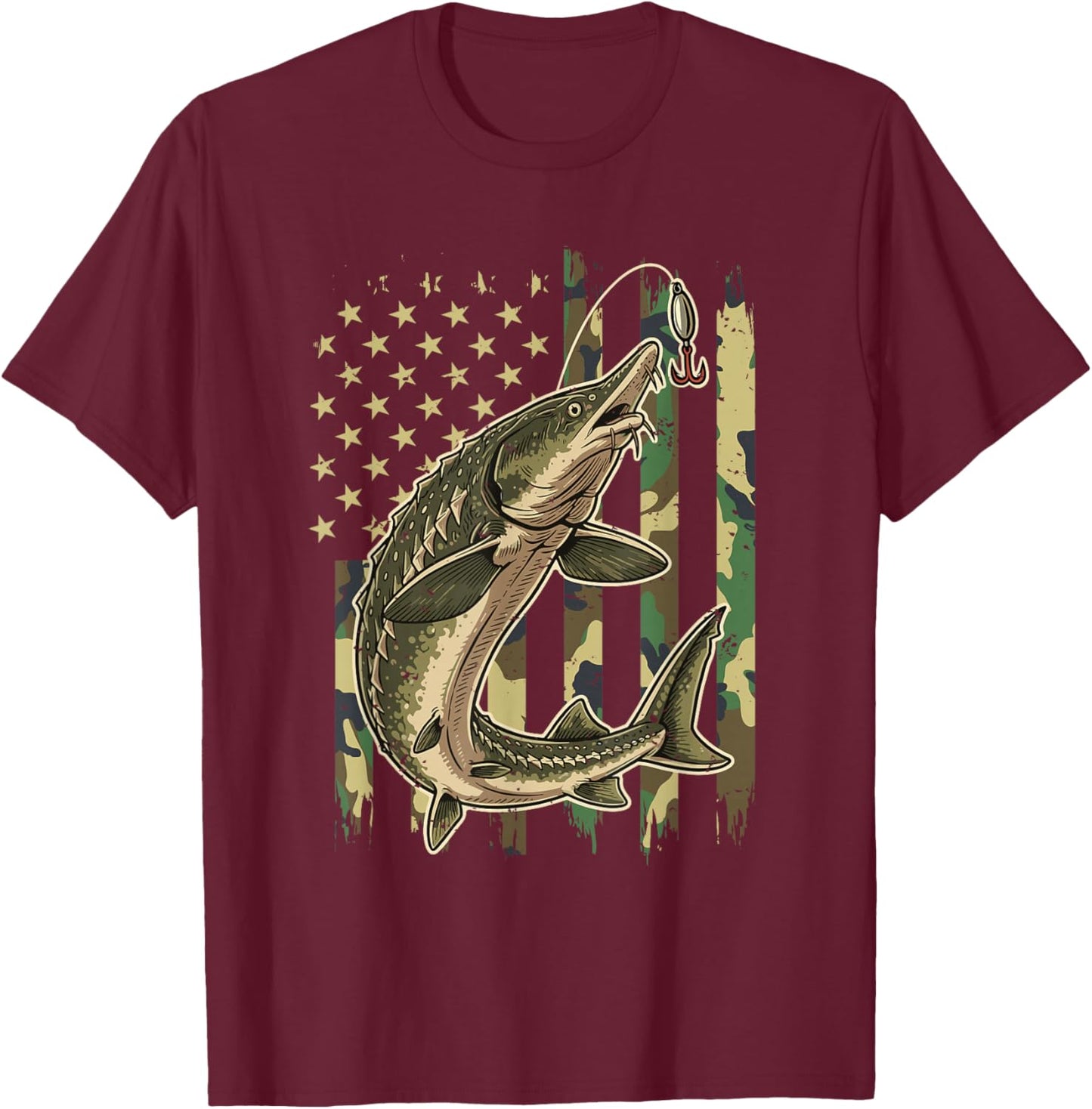 Vintage Sturgeon Fishing Camo American Flag Fisherman T-Shirt - T-Shirt | Maroon
