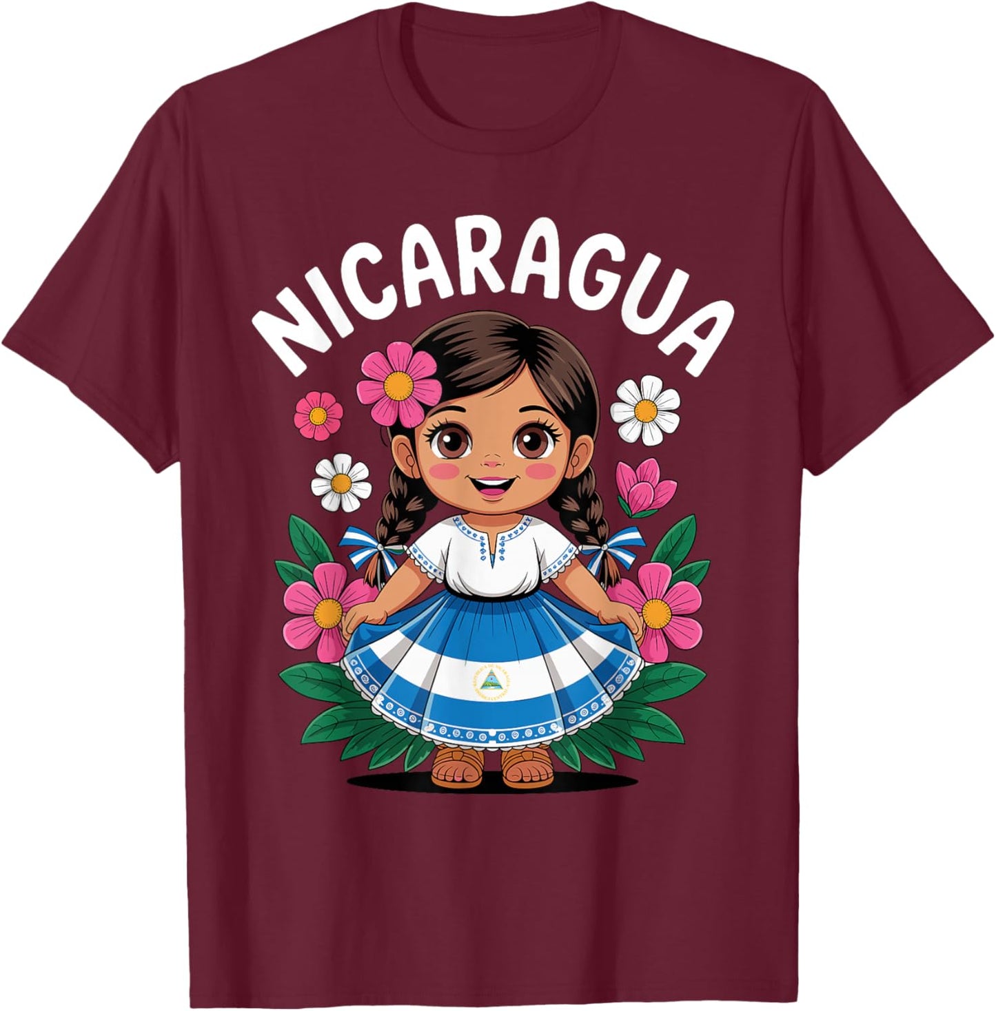 Cute Nicaragua Girl Traditional Dress with Flag Art for Kids T-Shirt - T-Shirt | Maroon