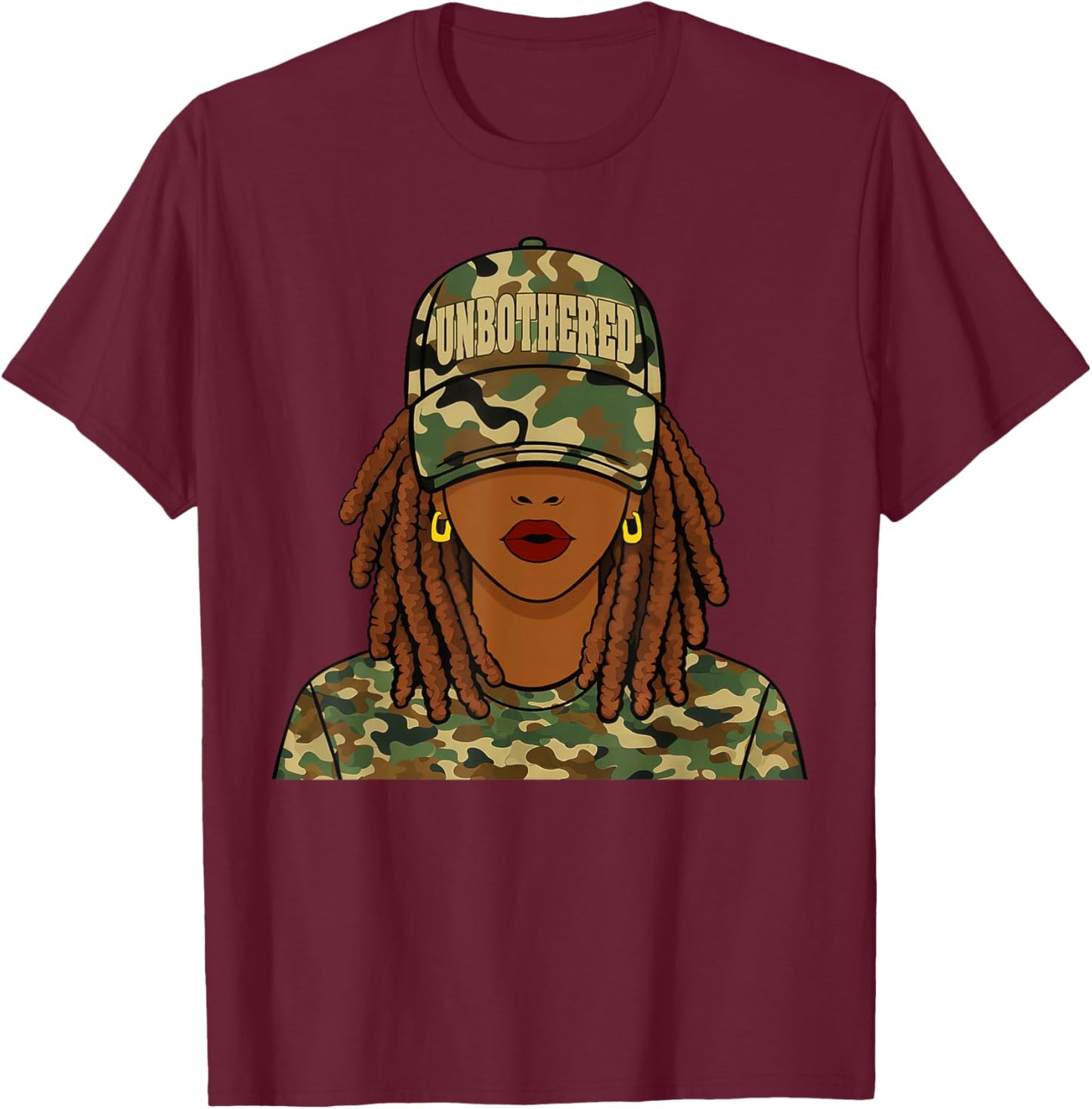 Unbothered Loc'd Girl Woman Camo Cap Black Women T-Shirt - T-Shirt | Maroon