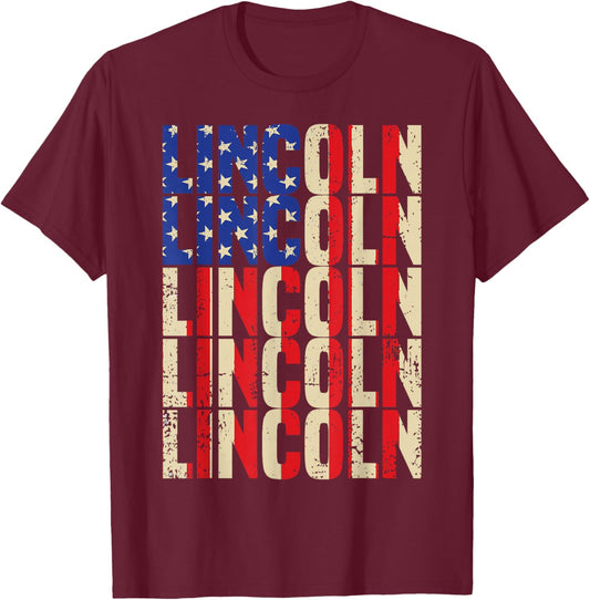 Lincoln First Name Boy Men American Flag Vintage Style USA T-Shirt - T-Shirt | Maroon